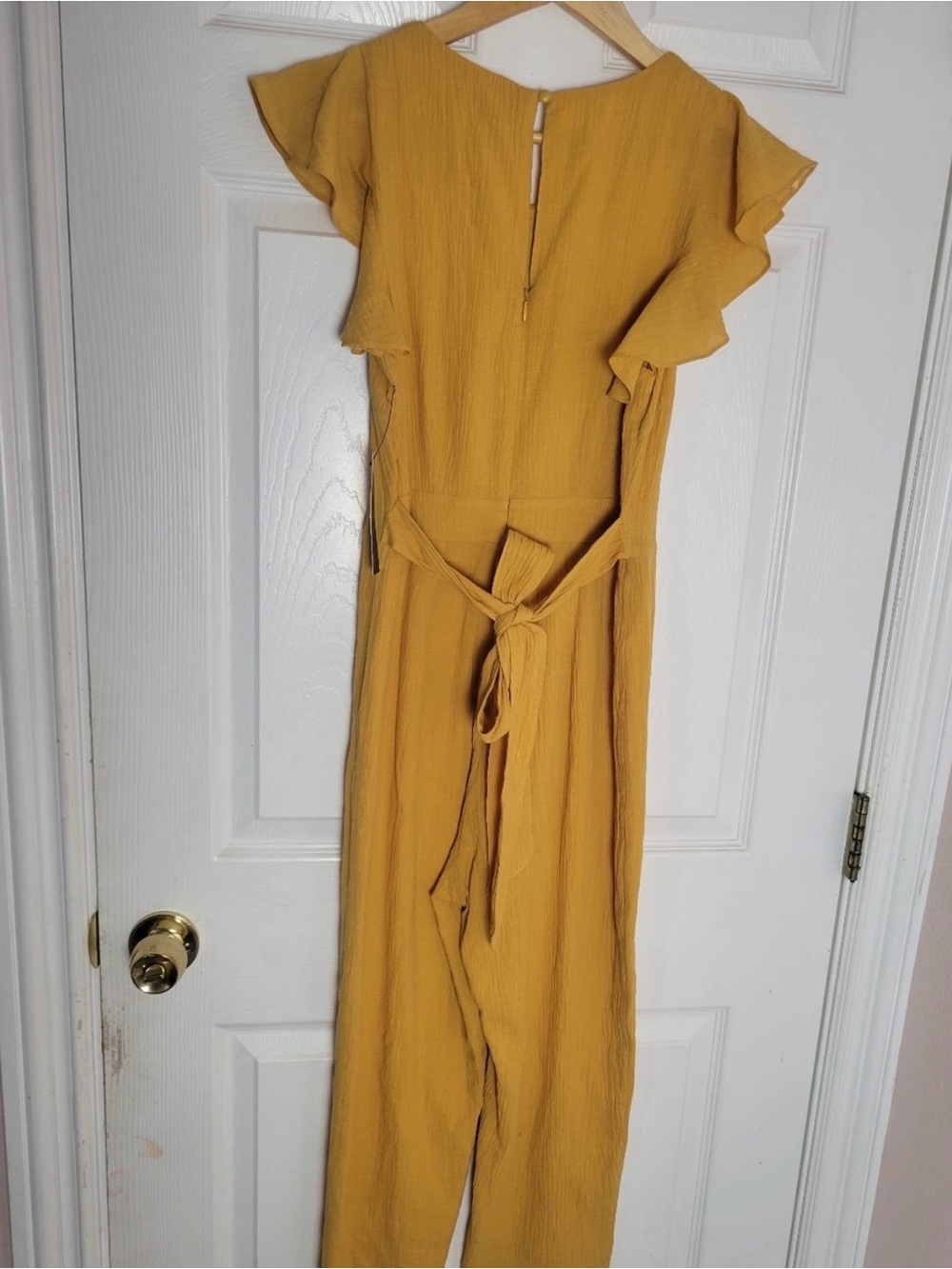 NWT Lulus Golden Yellow Cotton Button Front Flutter Sleeve Jumpsuit XS Fits S - Picture 4 of 10